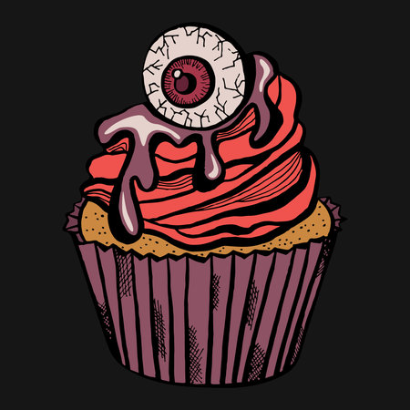 Halloween cupcake with an eye and dripping slime. Creepy treat on a dark background.のイラスト素材