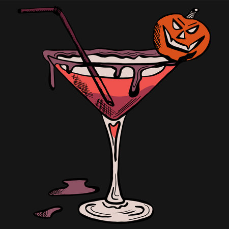 Vector creepy halloween cocktail with pumpkin on dark background.のイラスト素材