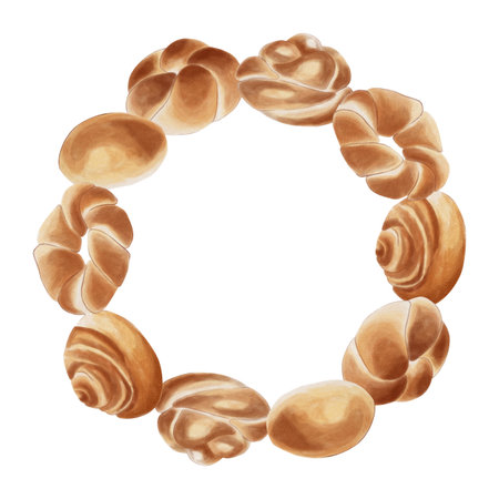 Homemade buns in a round frame. Watercolor illustration. Fresh and warm baked goods. A culinary-themed art project.の写真素材