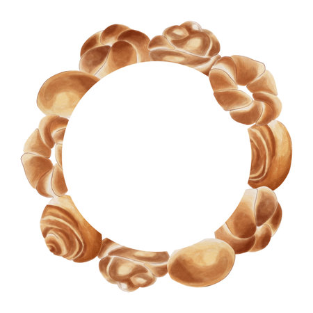 Homemade buns in a round frame with space for text in the center. Watercolor illustration. Fresh and warm baked goods. Art project on a culinary theme.の写真素材