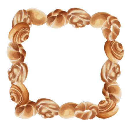 Homemade buns in a square frame. Watercolor illustration. Fresh and warm baked goods. A culinary-themed art project.の写真素材