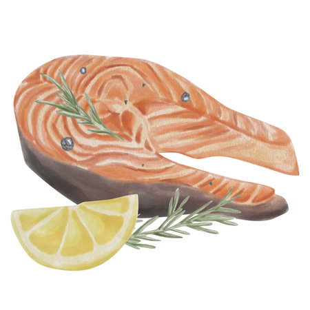 A piece of red fish marinated with black pepper, lemon, and rosemary. Seafood icons for product design, menus, and culinary projects.の写真素材