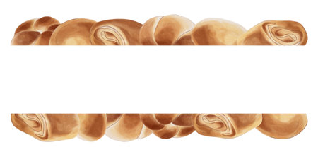 A watercolor rectangular frame with baked goods at the top and bottom and space for text in the center. Fresh, golden buns. A culinary-themed art project.の写真素材