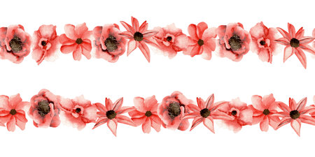 A seamless border with a pattern of red wildflowers. A botanical design in watercolor. Vintage-style floral illustration.の写真素材