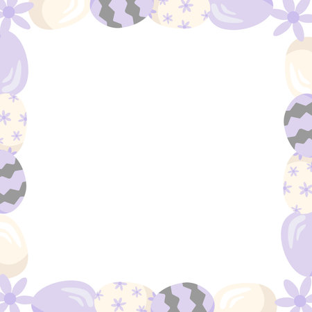 A square frame with purple Easter eggs and flowers. Vector illustration of Easter eggs with a geometric and floral pattern. Copy space. Perfect for Easter-themed designs.のイラスト素材
