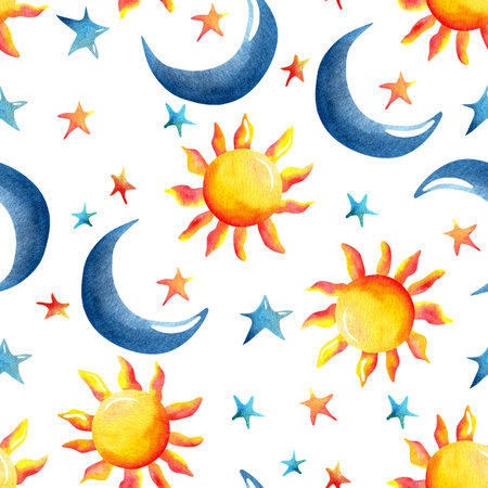 Seamless watercolor pattern with vibrant suns, crescent moons, and stars on white background, ideal...