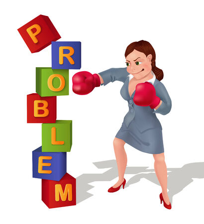 Businesswoman is prevailing over problem. Businesswoman in boxing gloves is smashing problem. のイラスト素材