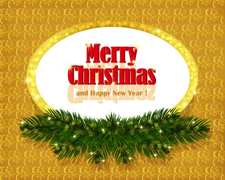 Christmas gold background with sparkling frame. Holiday retro style background decorated with spruce branches and gold glittering frame. Vector.のイラスト素材