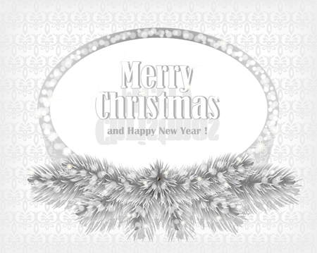 Christmas white background with sparkling frame. Holiday retro style background decorated with spruce branches and silver glittering frame. Vector.のイラスト素材