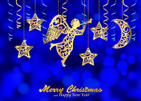 Holiday blue background with golden figures of angel, stars and moon. Christmas background decorated with paper streamers and fillet silhouettes of blowing angel, stars, moon. Vector.のイラスト素材