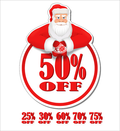Santa Claus discount label. Discount sticker decorated with cartoon Santa Clause. Vectorのイラスト素材