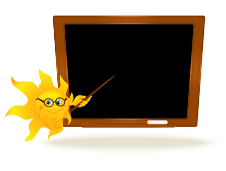 Background with cartoon sun pointing on school board. Funny smiling cartoon sun wearing glasses with pointer near to blackboard. Vector illustration.のイラスト素材