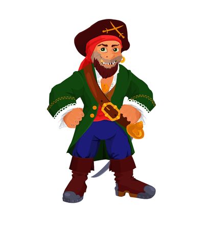 Funny cartoon pirate. Smiling cartoon pirate with gold tooth standing with hands on hips isolate on white. Vector illustration.のイラスト素材