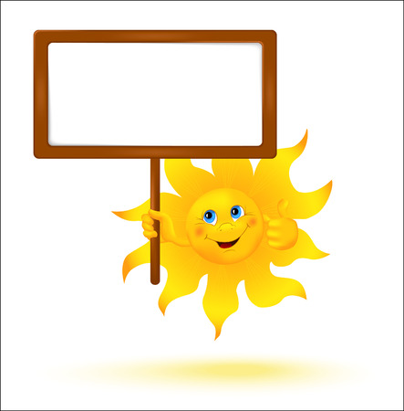 Funny cartoon sun with banner. Smiling sun holding a signboard in the one hand and showing a thumb up by the other hand. Vector illustration.のイラスト素材