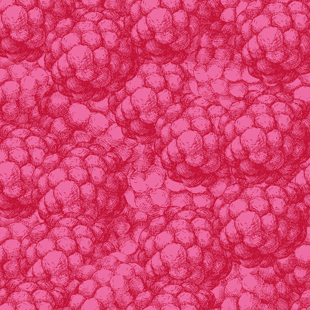 Colored raspberries seamless texture. Seamless texture with colored hand draw graphic raspberries lying close to each other. Vector illustration.のイラスト素材