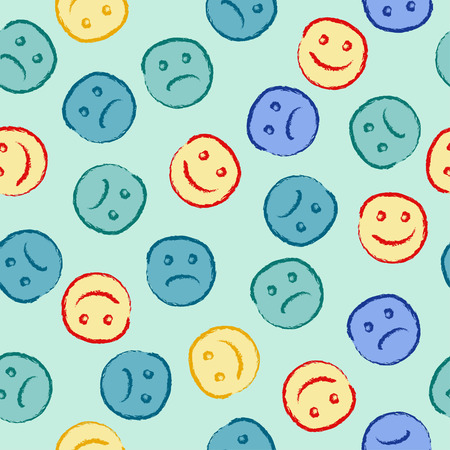 Happy and sad face pattern. Seamless pattern with happy and sad smileies. Emoticons hand-drawn in children style. Vector illustration.のイラスト素材