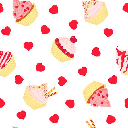 Cakes seamless pattern on white background. Seamless pattern with cartoon cupcakes and hearts. Vector illustration.のイラスト素材