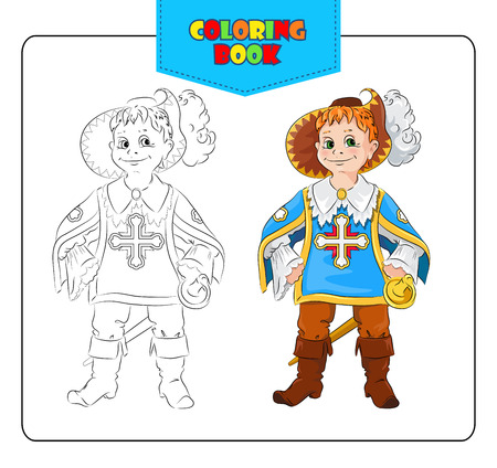 Little boy in carnival costume Musketeers. Coloring book. Set of outline and colored cartoon boy in fancy dress of Musketeer. Vector illustration.のイラスト素材
