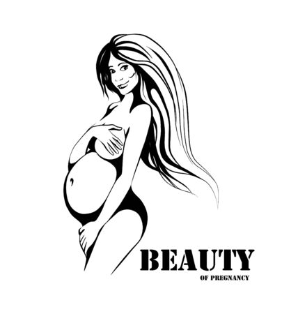 Beauty of pregnancy logo design. Black and white graphic image of beautiful nude pregnant woman as template of company logotype. Vector illustrationのイラスト素材