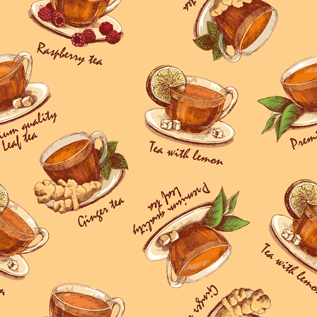 Colored hand drawn cup of tea seamless. Seamless pattern with hand drawn cups of tea. Vector illustrationのイラスト素材