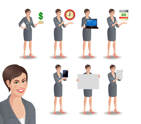 Business woman set 2. Set of smiling businesswoman. Cute girl in suit standing in different presentation poses: with dollars, clock, laptop, tablet, calendar, placard, sheet of paper. Vector illustration isolated on white background.のイラスト素材