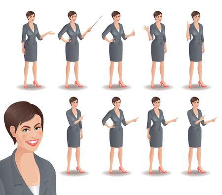 Business woman set. Set of cartoon smiling businesswoman in suit standing in different presentation poses. Vector illustration isolated on white background.のイラスト素材