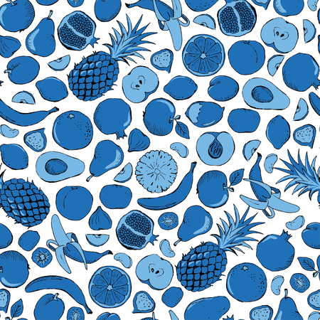 Fruits doodle seamless on blue colors. Seamless patterns of doodle fruits on blue colors. Vector illustrationのイラスト素材