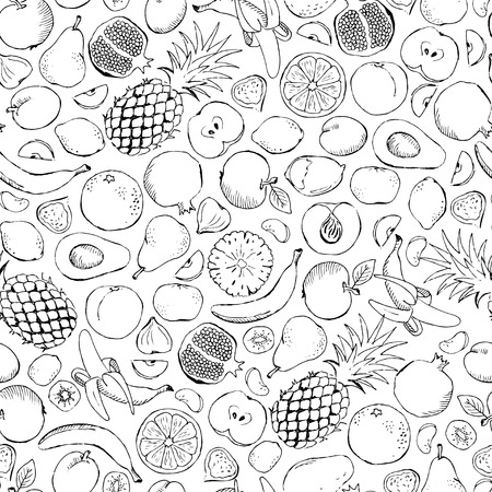 Fruits doodle seamless. Black and white seamless patterns of doodle fruits. Vector illustrationのイラスト素材