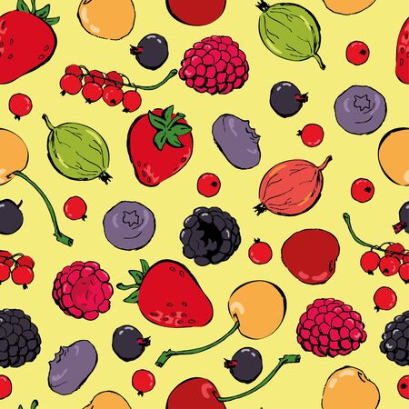 Berries doodles seamless pattern. Seamless pattern with colored berries doodles: strawberry, raspberry, gooseberry, blueberry, cherry, red and black currant. Vector illustration.のイラスト素材