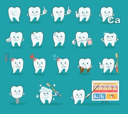 Cartoon teeth set. Collection of cute cartoon teeth in different situations. Funny dental symbols. Vector illustration.のイラスト素材