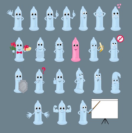 Cartoon condoms set. Collection of cute cartoon condoms in different situations . Funny contraception symbols. Vector illustration.のイラスト素材