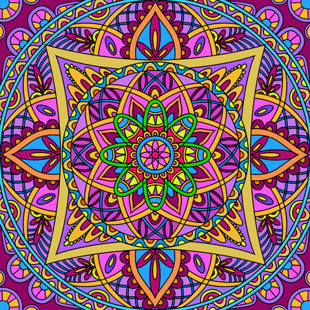 Oriental pattern background. Colored square Arabic, Indian, American, Moroccan ethnic ornament such as adult coloring book, batik, t-shirt print. Mandala. Vector illustration.のイラスト素材