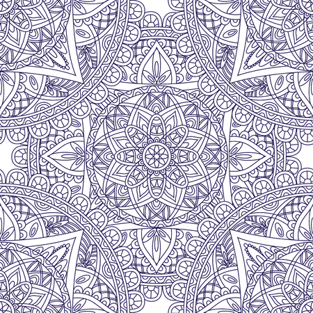 Oriental seamless pattern. Blue outline square Arabic, Indian, American, Moroccan ethnic ornament such as adult coloring book, batik, t-shirt print. Mandala. Vector illustration.のイラスト素材