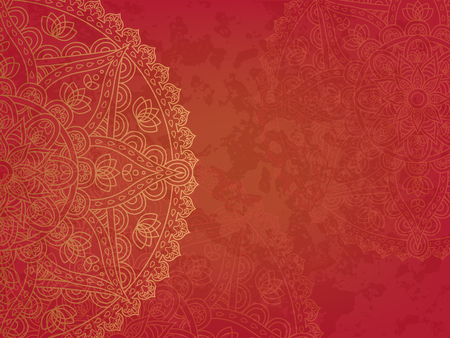 Mandala3 retro red background. Horizontal background with oriental round pattern and texture of old paper. Vector illustration.のイラスト素材