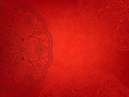 Mandala5 retro red background. Horizontal  background with oriental round pattern and texture of old paper. Vector illustration.のイラスト素材