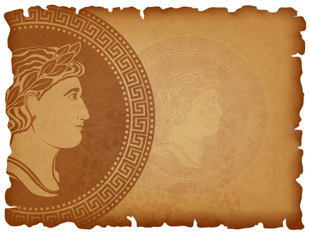 Old paper background with Ancient Roman medallion. Horizontal background with antique locket with profile of man face . Manuscript with charred edges. Vector illustration.のイラスト素材