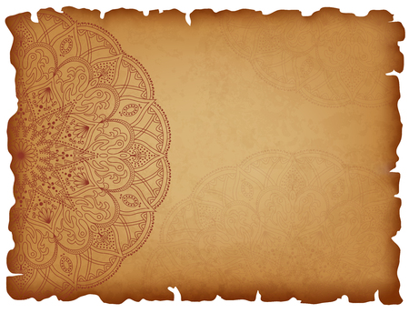 Old paper background with mandala6. Horizontal background with round oriental pattern. Manuscript with charred edges. Vector illustration.のイラスト素材