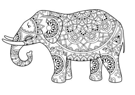 Hand drawn decorative outline elephant with Indian patterns. Adult coloring book page. Horizontal drawing with ethnic ornament. Vector illustrationのイラスト素材
