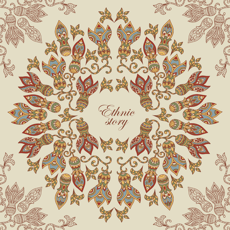 Square composition with vintage floral pattern. Round ethnic ornament like a frame. Stylized decorative flowers in folk style. Ornamental composition in retro style as a template banner, greeting card, book cover, t-shirt print. Vector illustrationのイラスト素材