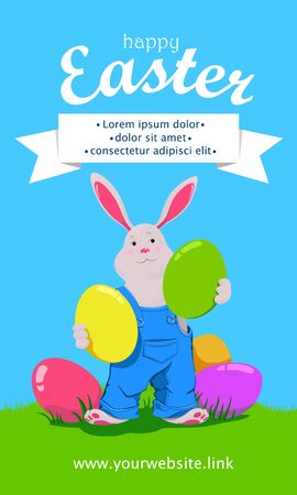 Vertical web banner with funny cartoon Easter bunny and colorful eggs. Vector illustrationのイラスト素材
