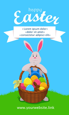 Vertical web banner with funny cartoon Easter bunny and colorful eggs. Vector illustrationのイラスト素材