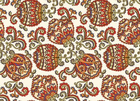Vintage floral seamless pattern. Ethnic ornament. Stylized decorative flowers in folk style. Traditional handcraft. Seamless texture in bright colors. Vector illustration.のイラスト素材