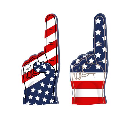 Set of foam finger painted in the colors of the national flag of the USA. Foam hand isolated on white background. Stock vector illustrationのイラスト素材