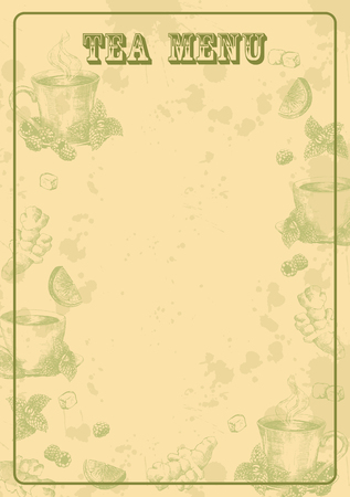 Vertical vintage background with hand drawn tea elements. Template of menu in retro style in light green colors. Stock vector illustration.のイラスト素材