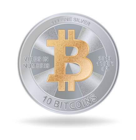 Casascius physical bitcoin.  Bit coin. Digital currency.  Cryptocurrency. Silver coin with golden bitcoin symbol isolated on white background. Stock vector illustration.のイラスト素材