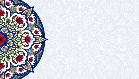 Horizontal white background with oriental round pattern vector illustration.