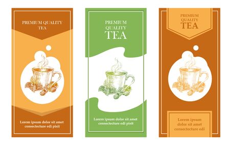 Set of vertical flyers decorated with hand-drawn cup of tea in retro style vector illustration.のイラスト素材