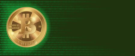 Horizontal  web banner with golden bitcoin and dark green background with binary code and place for your text. Stock vector illustration.のイラスト素材