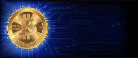 Horizontal background  with golden bitcoin, microchip and place for your text. Stock vector illustration.のイラスト素材
