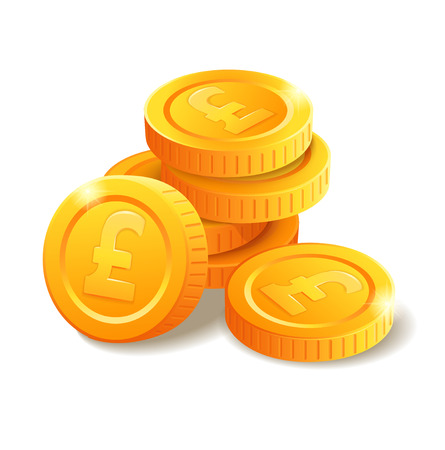 Pile of golden coins with Pound symbol. Money stack. Heap of stylized cartoon gold coins isolated on white background. Stock vector illustrationのイラスト素材